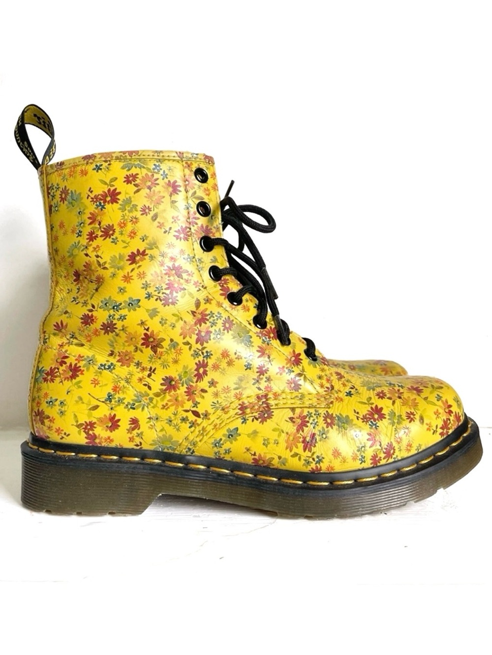 Dr. Martens 1460 Lace Up Leather Boots Ditzy Floral In Acid Wash Yellow Size 9